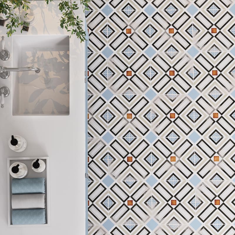 Merola Tile Vaudeville Octagon Deco Ritter with Taco Azzuro 7-7/8" x 7-7/8" Porcelain Floor and Wall Tile