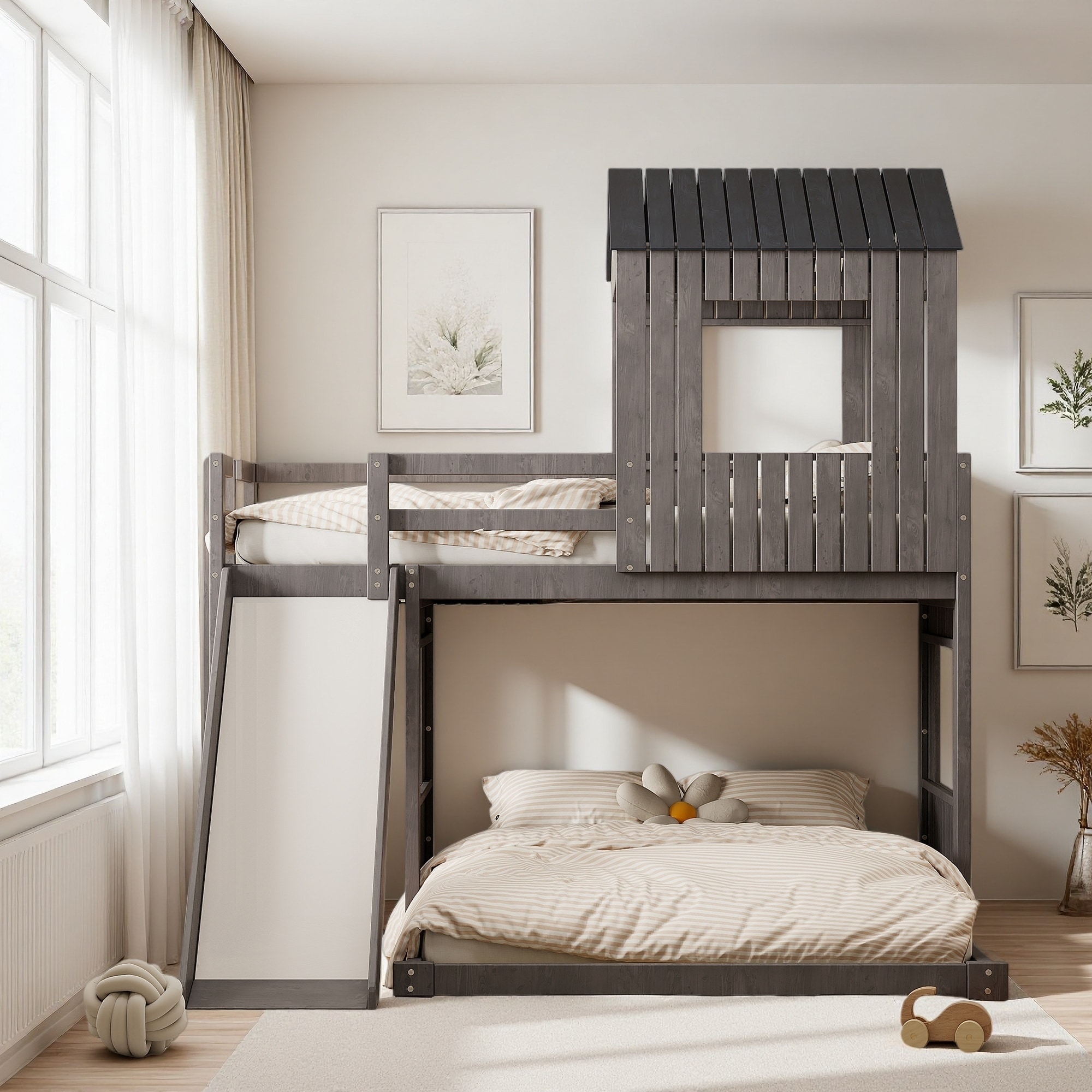 Twin Over Full Solid Pine Wood Playhouse Bunk Bed with Slide, Ladder & Guardrails, Farmhouse Style Wooden Loft Bunk Bed Frame