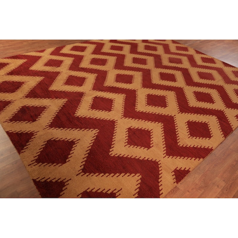 Hand Knotted Oriental 100% Wool Carpet Modern Geometric Red Moroccan Area Rug - 11' 7'' X 8' 10''