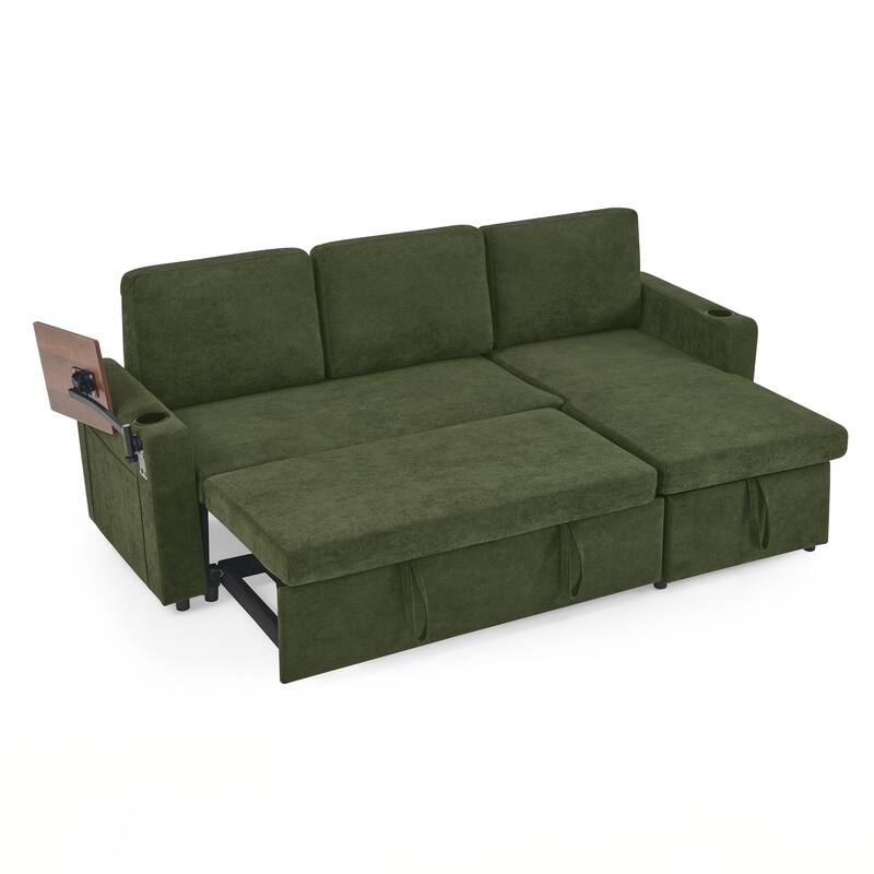 Modern Chenille Multi-functional Pull-Out Bed Sofa with Retractable Table and LED Lighting