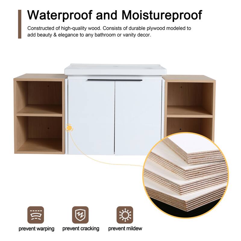 Malwee 24"/36"/48"/60" Floating Bathroom Vanity, Wall Mounted Bathroom Vanity with Ceramic Sink,Soft Close Door and Shelf