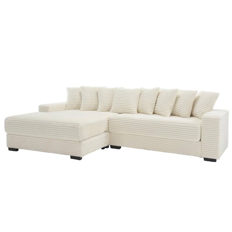 111" Corduroy Upholstered L-Shaped Sectional Sofa with Oversized Left Chaise Longue and 8 Throw Pillows