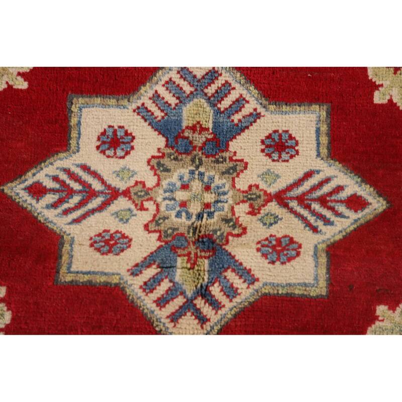 Red Geometric Kazak Oriental Accent Rug Hand-Knotted Wool Carpet - 3'4"x 4'10"