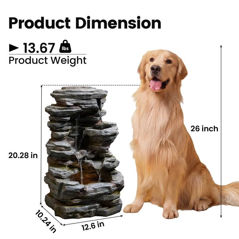Outdoor Four-Tier Rock Fountain with LED Lighting and Natural Rock Design