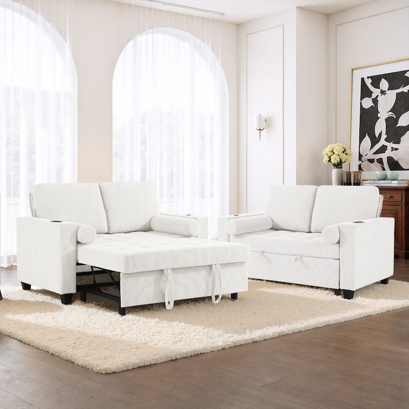 2 Set Multi-Functional Sleeper Sofa Bed 3-in-1 Pull-Out Convertible Adjustable Loveseat with USB Port - Beige