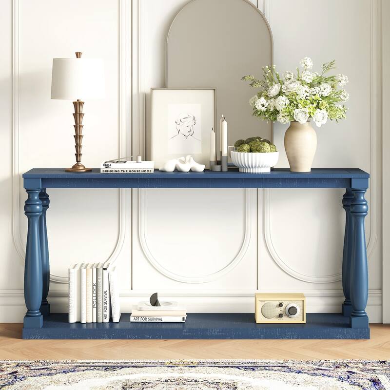 Console Table - Space-Saving Design with Lower Shelf and Four Solid Wood Tapered Legs, Modern Narrow Entryway Table for Entry - Blue