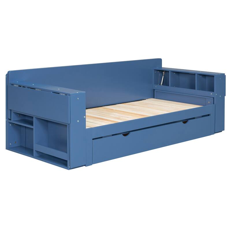 4-in-1 Multifunctional Daybed Storage Bed Frame with Removable Desk, Drawers, Bookcase Shelves and Hydraulic Side Tables