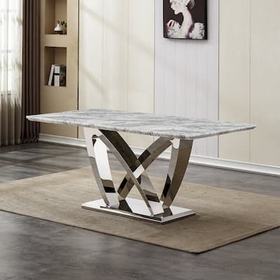 70'' Rectangle Faux Marble Dining Table with Mirrored Finish Stainless Steel Base - Grey+Silver