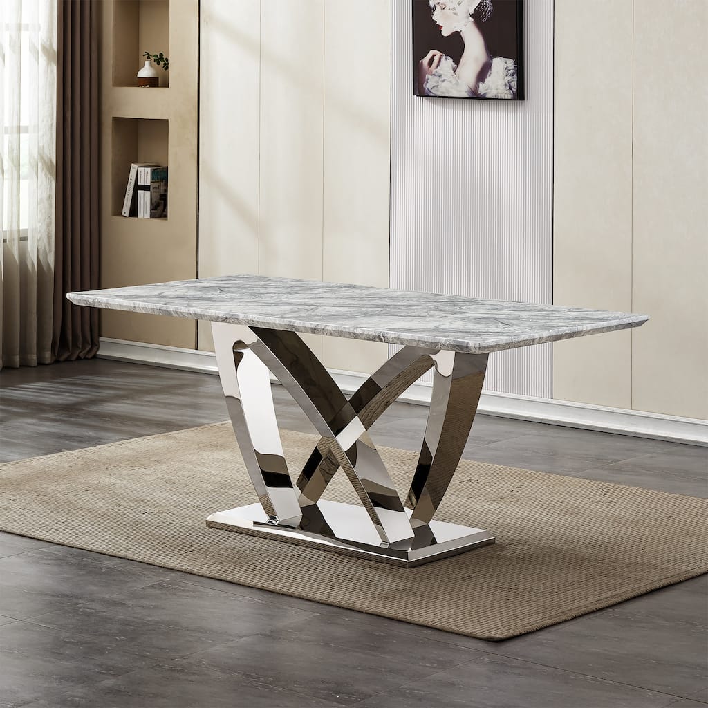 70'' Rectangle Faux Marble Dining Table with Mirrored Finish Stainless Steel Base - Grey+Silver