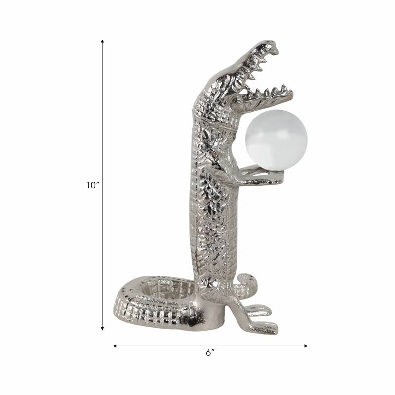 Metal Glass Alligator Figurine Holding Acrylic Clear Orb - 11" Silver - 6.5" x 5" x 10.5"