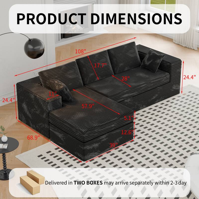 Modland 108”L-Shaped Modular Corduroy Couch with Deep Seats Comfy Sectional Sofa for Living Room