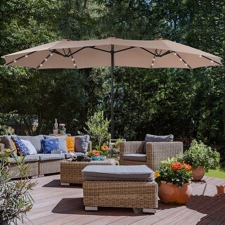 15ft Patio Umbrella Double-Sided Outdoor  Extra Large Crank Lift Umbrella with Solar Led Lights and  Base Included