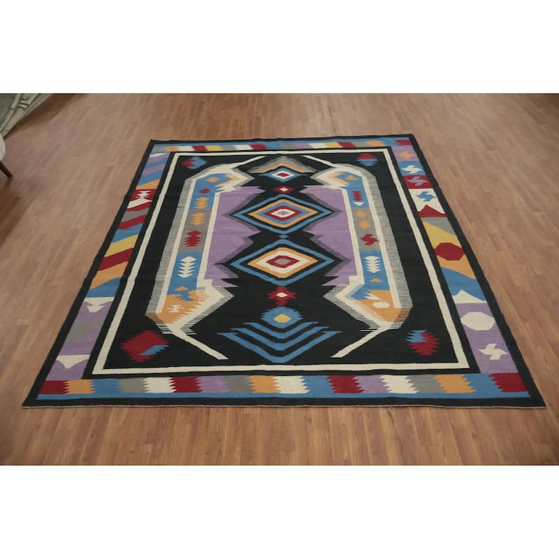 Hand Woven Oriental 100% Wool Carpet Southwestern Tribal Black Kilim Area Rug - 9' 11'' X 8' 6''