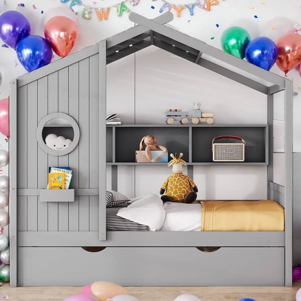 slide 2 of 16, Modern Full Size Wooden House Bed With Trundle With Storage Shlef For Kids Grey