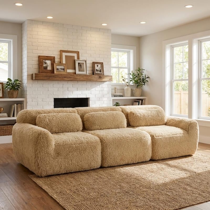 Homy Casa Light Khaki Modular Sectional Sofa, Soft Plush Fabric Cloud Couch with Anti-Slip Base & Decorative Pillows - Khaki4