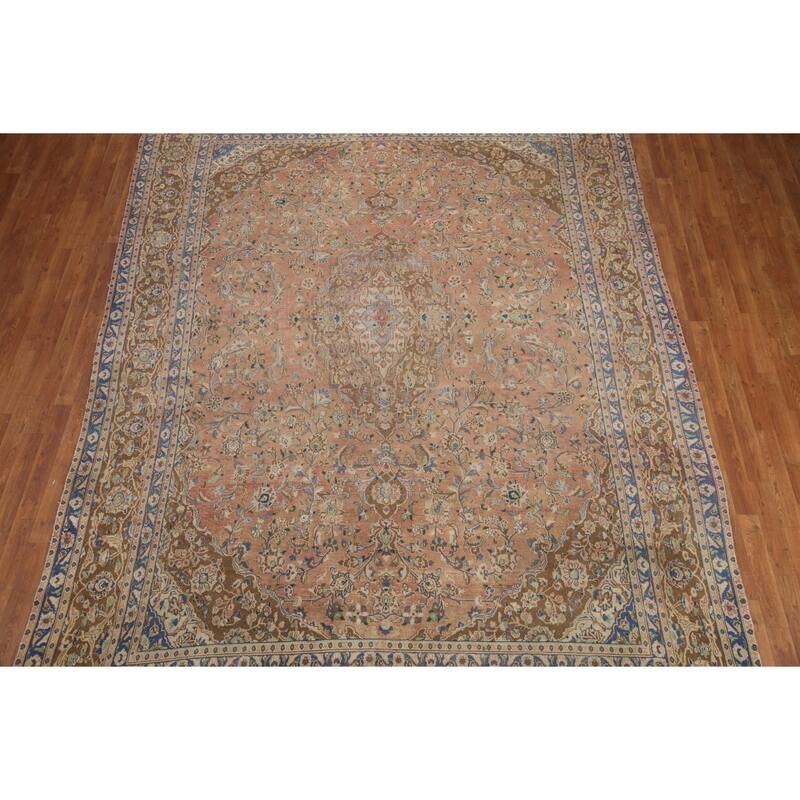 Hand Knotted Oriental 100% Wool Carpet Traditional Floral Coral Mashad Area Rug - 12' 6'' X 9' 2''