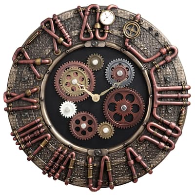 Veronese Design 14.17" W STEAMPUNK BRASS CONDUIT WALL CLOCK Cold Cast Bronze