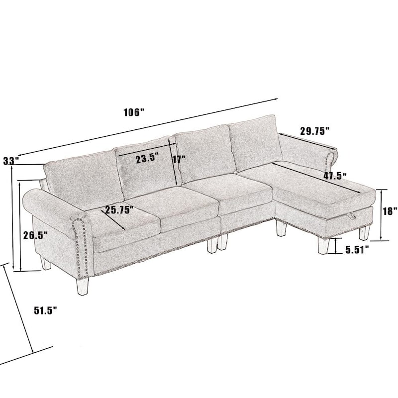 Convertible Sectional Sofa with Storage,L-Shaped Sofa,Four-Seater Sofa,Modern Linen Fabric Sectional Couches