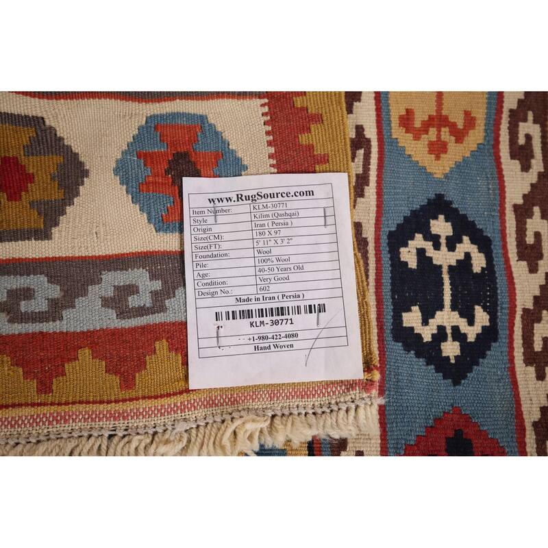 Vegetable Dye Kilim Qashqai Persian Vintage Wool Carpet - 3'2"x 5'11"