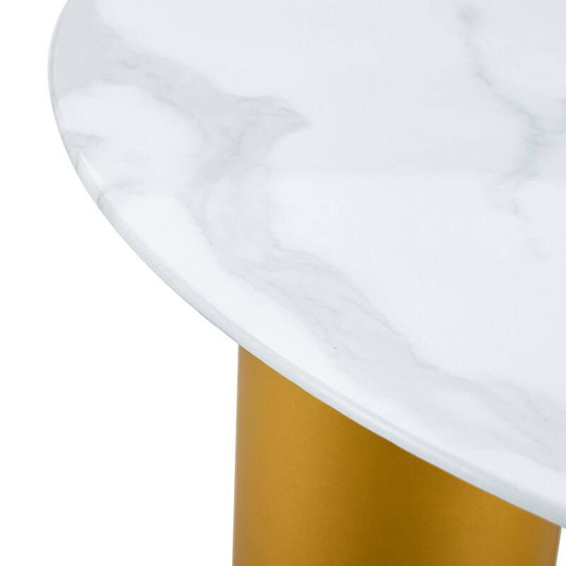 Roomfitters Round Dining Table with Faux Marble Glass Top and Golden MDF Legs for Kitchen or Living Room, White