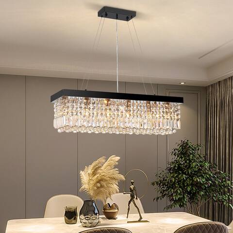32 in. Modern Farmhouse DIY Crystal Chandelier 6-Light Black Linear Kitchen Island Pendant Lighting for Dining Room