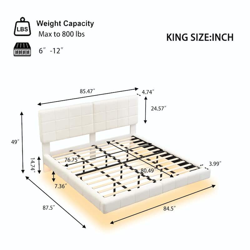 White Bouclé Floating Bed with Ambient Light