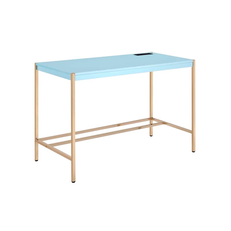 Wood Writing Desk with Gold Metal Base and Built In USB Port - Light Blue-Gold