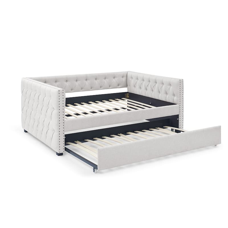 Beige Full Size Upholstered Tufted Daybed with Button and Copper Nail on Square Arms for Bedroom