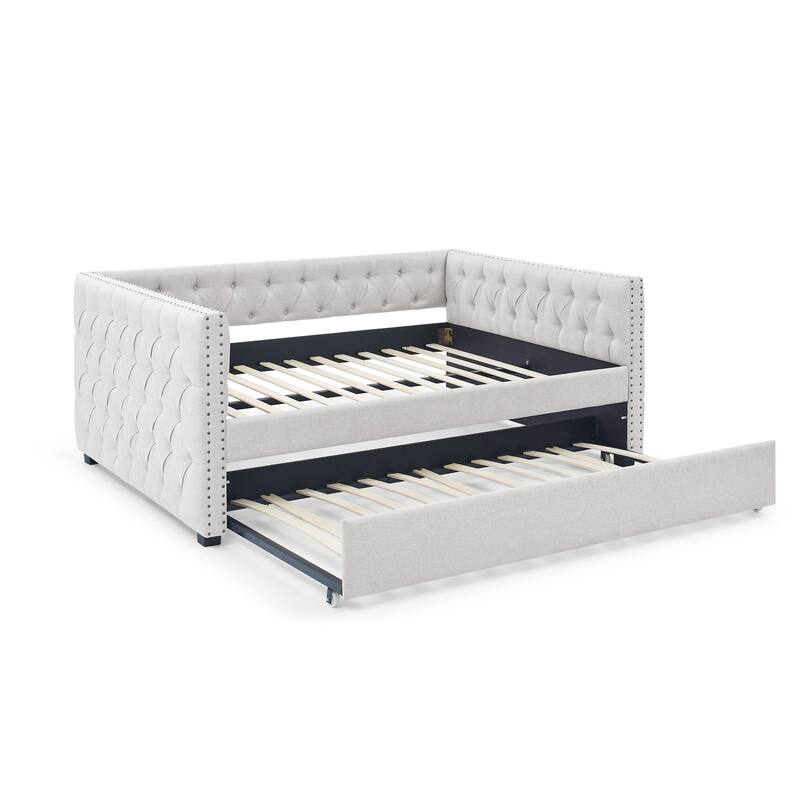 Tufted Daybed Upholstered Frame Sofa Bed with Button Copper Nail on Square Arms, and Pull-out Trundle Bed or Storage Drawers