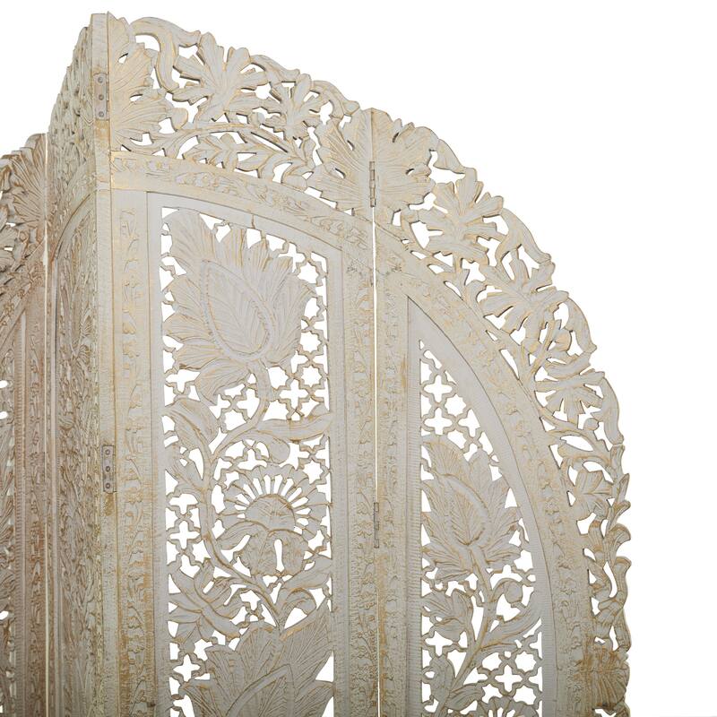 Wood Floral Handmade Foldable Arched 4 Panel Room Divider Screen with Intricately Carved Designs - White - Roche River Decor