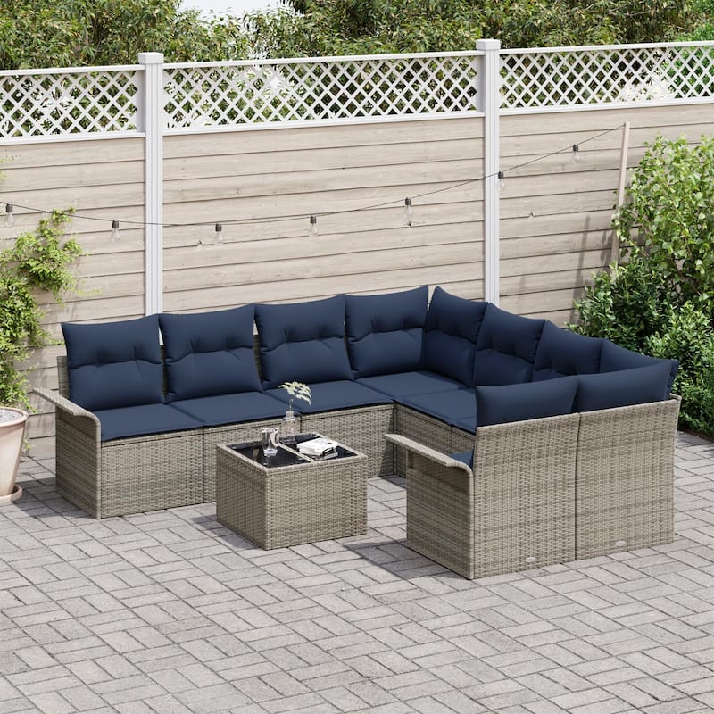 vidaXL 9-Seater Garden Sofa with Cushions Black/Brown/Grey Poly Rattan - 92.1 x 95.9 x 27.2