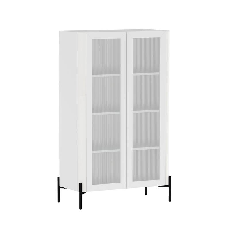Manhattan Comfort Modern Abbey Décor Ribbed Tempered Glass Cabinet with Adjustable Shelves in White