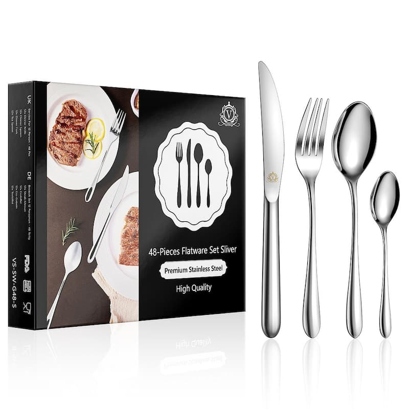 vancasso 18/10 Stainless Steel Silverware Set, Flatware Service for 6 or 12 - 48-Piece - Silver