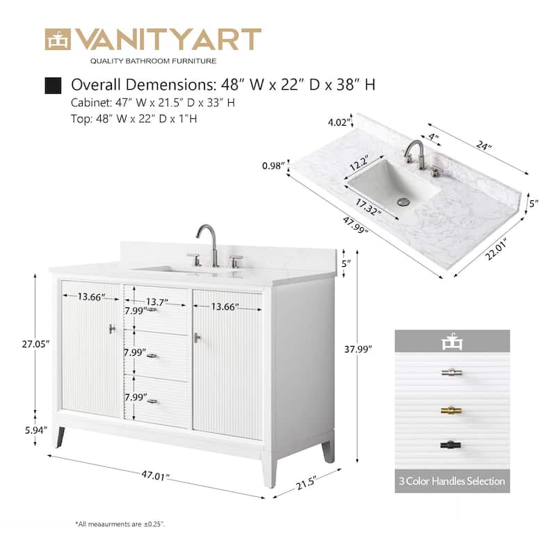 Vanity Art 48" Freestanding Bathroom Vanity with Engineered Marble Top and Sink
