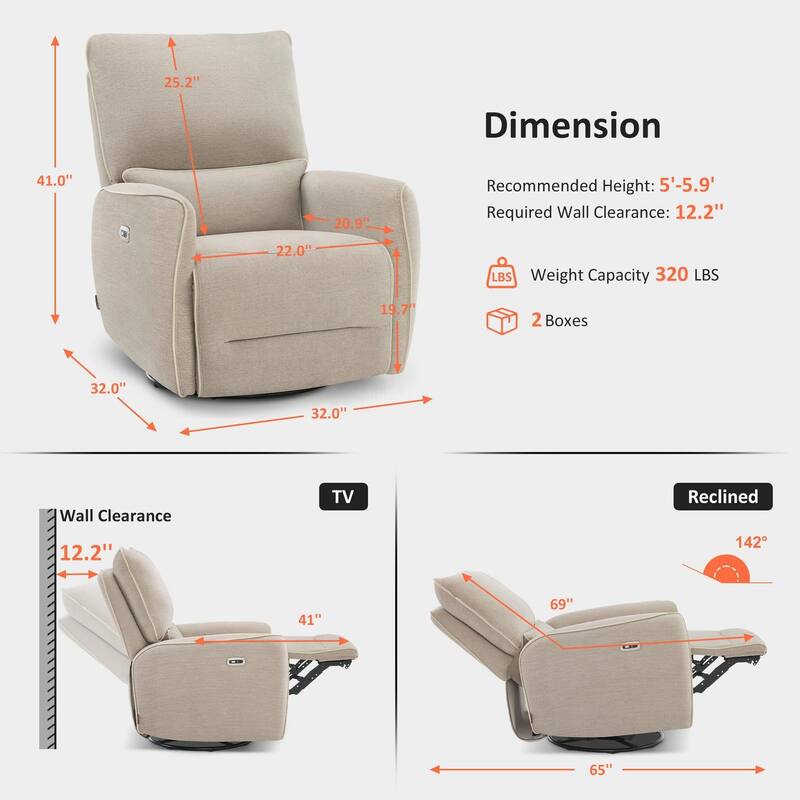 MCombo Power Swivel Rocker Recliner with Lumbar Support, Electric Nursery Glider Recliner Chair