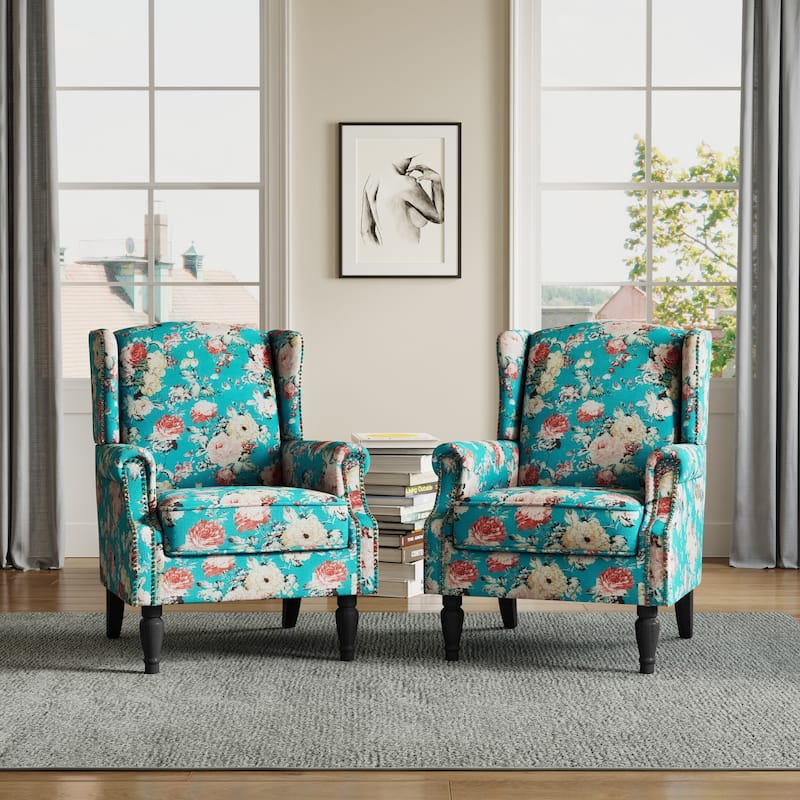 Upholstered Nailhead Trim Armchair Wingback Accent Chairs Set of 2 - Peacock Blue
