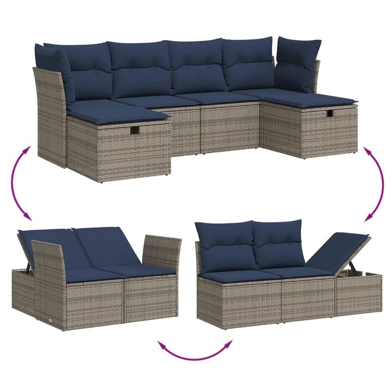vidaXL 6 Piece Patio Sofa Set with Cushions Gray Poly Rattan - 21.7" x 24.4" x 27.2"