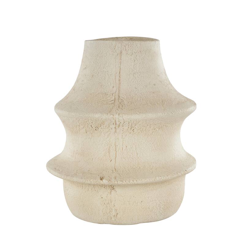 Cream Paper Mache Fluted Decorative Vase with Brown Distressed Texturing and Ring Handle