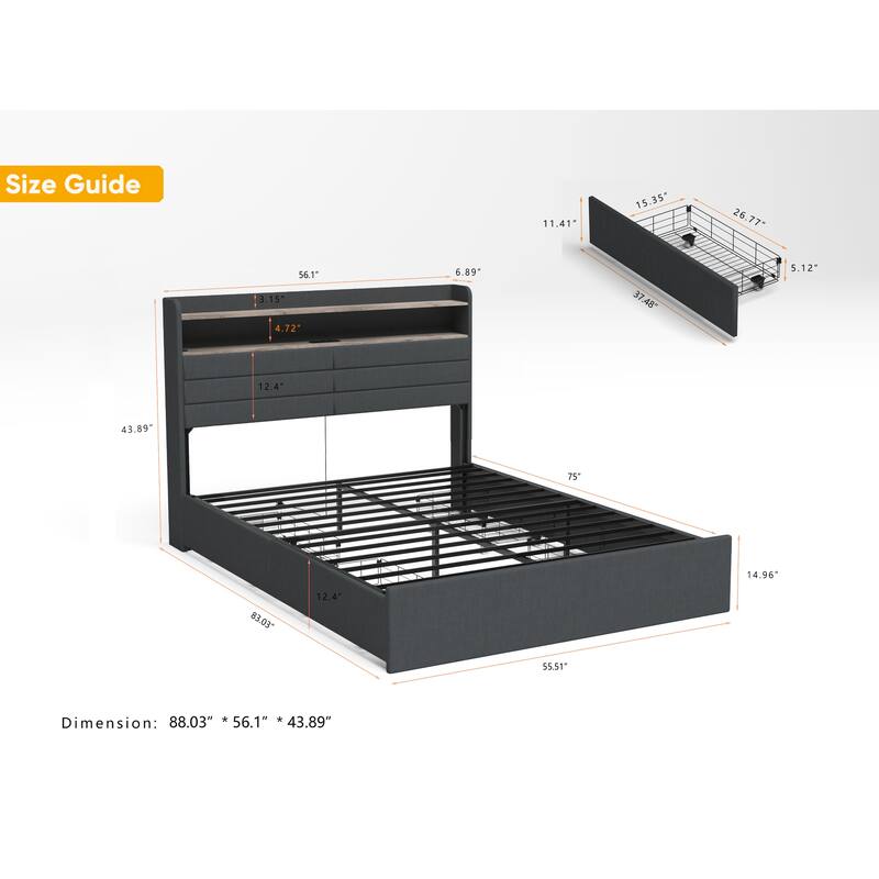 Full Size Upholstered Platform Bed Frame w/ 4 Storage Drawers， Headboard, LED Light & Charging Station for Bedroom Apartment