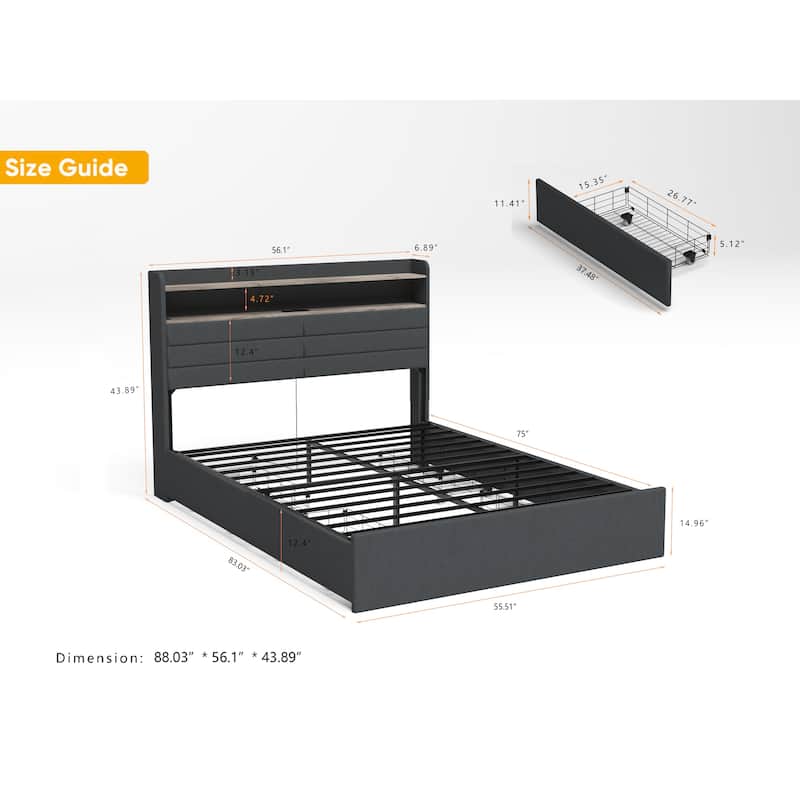 Platform Storage Bed Frame with 4 Underbed Drawers/Headboard with 2 Shelves/LED Light/Charging Station/Noise Free - Black Gray