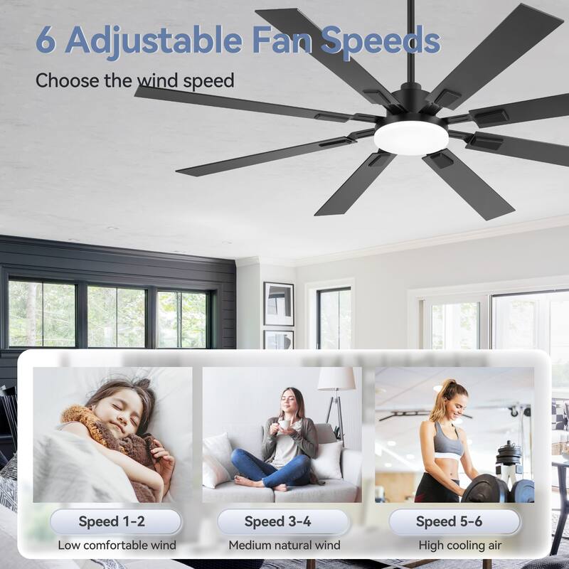48"/52"/60"/72" Modern Black LED Ceiling Fan with Light Remote (5/6/8 Reversible Blades)