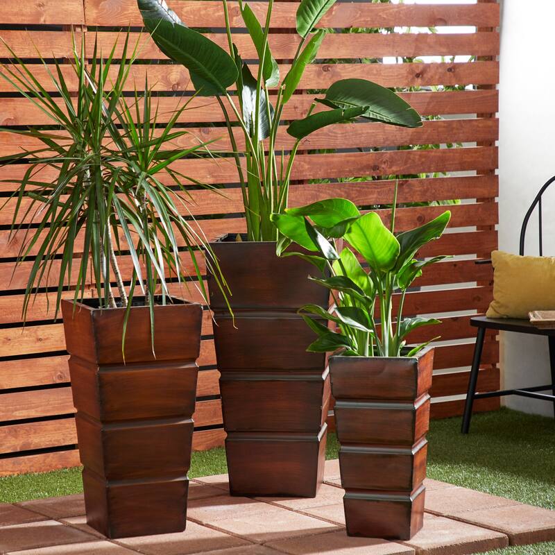 Brown Metal Light Weight Indoor Outdoor Planter with Tapered Base and Fluted Design (Set of 3)