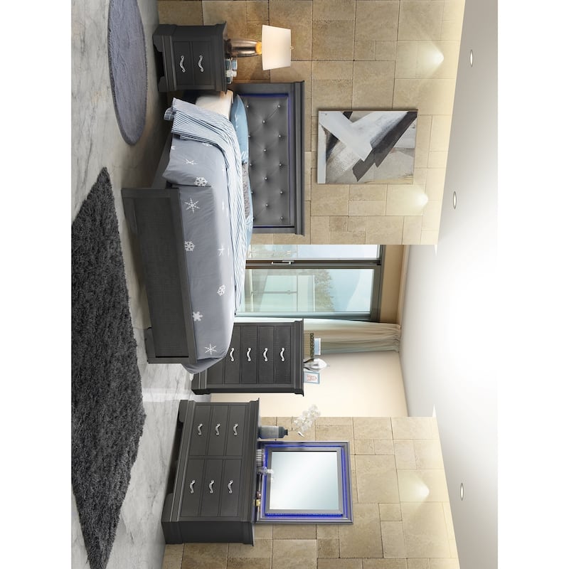 Jewel Tufted Upholstered Full Panel Bed with LED Lights - 80" - Black