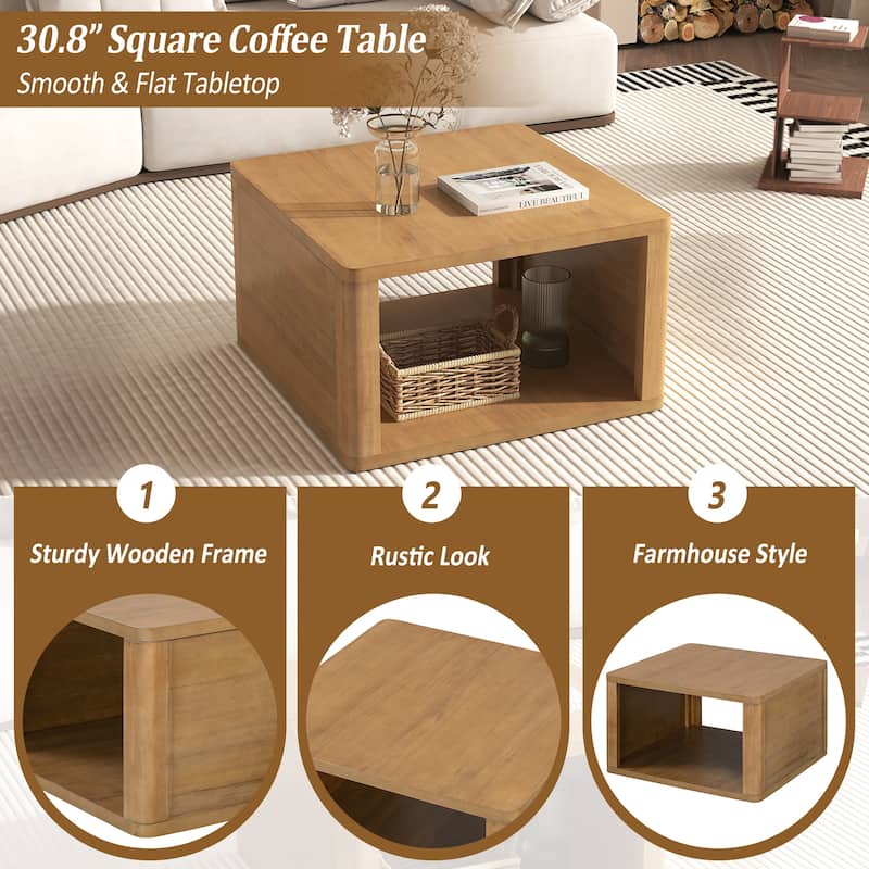 Square Coffee Table in Farmhouse Coffee Table with Storage,2-Tier Center Table with Half Open Storage Compartment in 30.8"