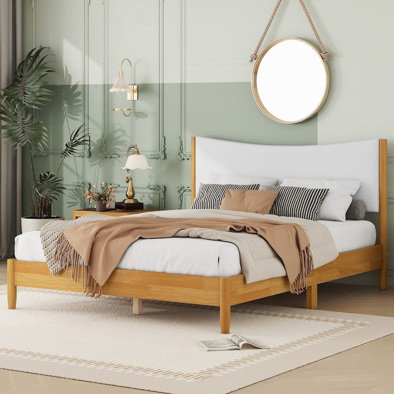 Natural Queen Size Rubber Wooden with Platform Bed Teddy Velvet Cushion Upholstered Headboard
