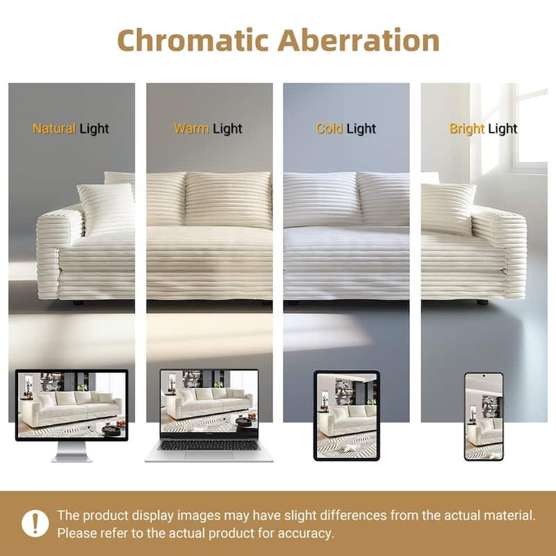 102.4 " Modern Plush Corduroy 4-Seat Sofa with Soft Pillows and Movable Ottoman
