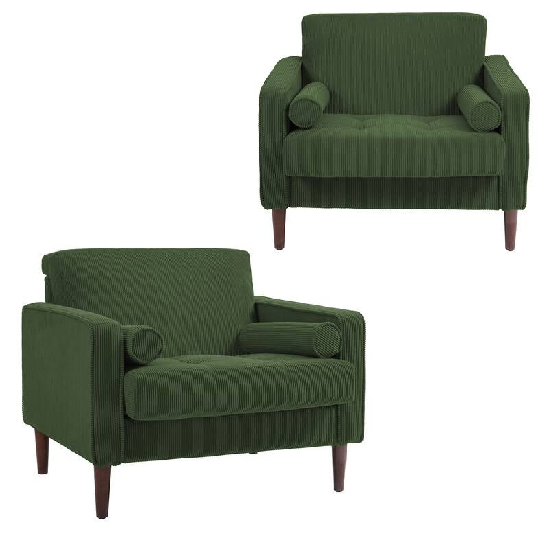 Corduroy Upholstered Armchair with Bolster Pillows Set of 2 - Green