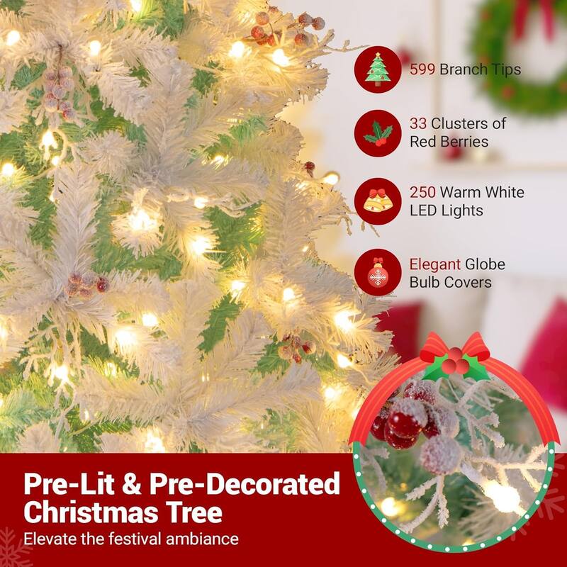 6/7 FT Pre-Lit Artificial Christmas Tree Hinged Lighted Xmas Tree