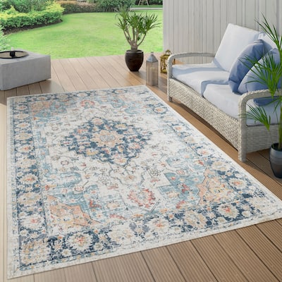 Trellis Cream, navy, beige, rose, blue and red Abstract Indoor/Outdoor Rug