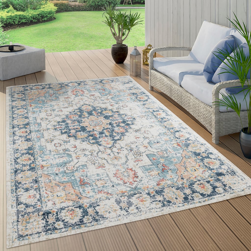 Trellis Cream, navy, beige, rose, blue and red Abstract Indoor/Outdoor Rug
